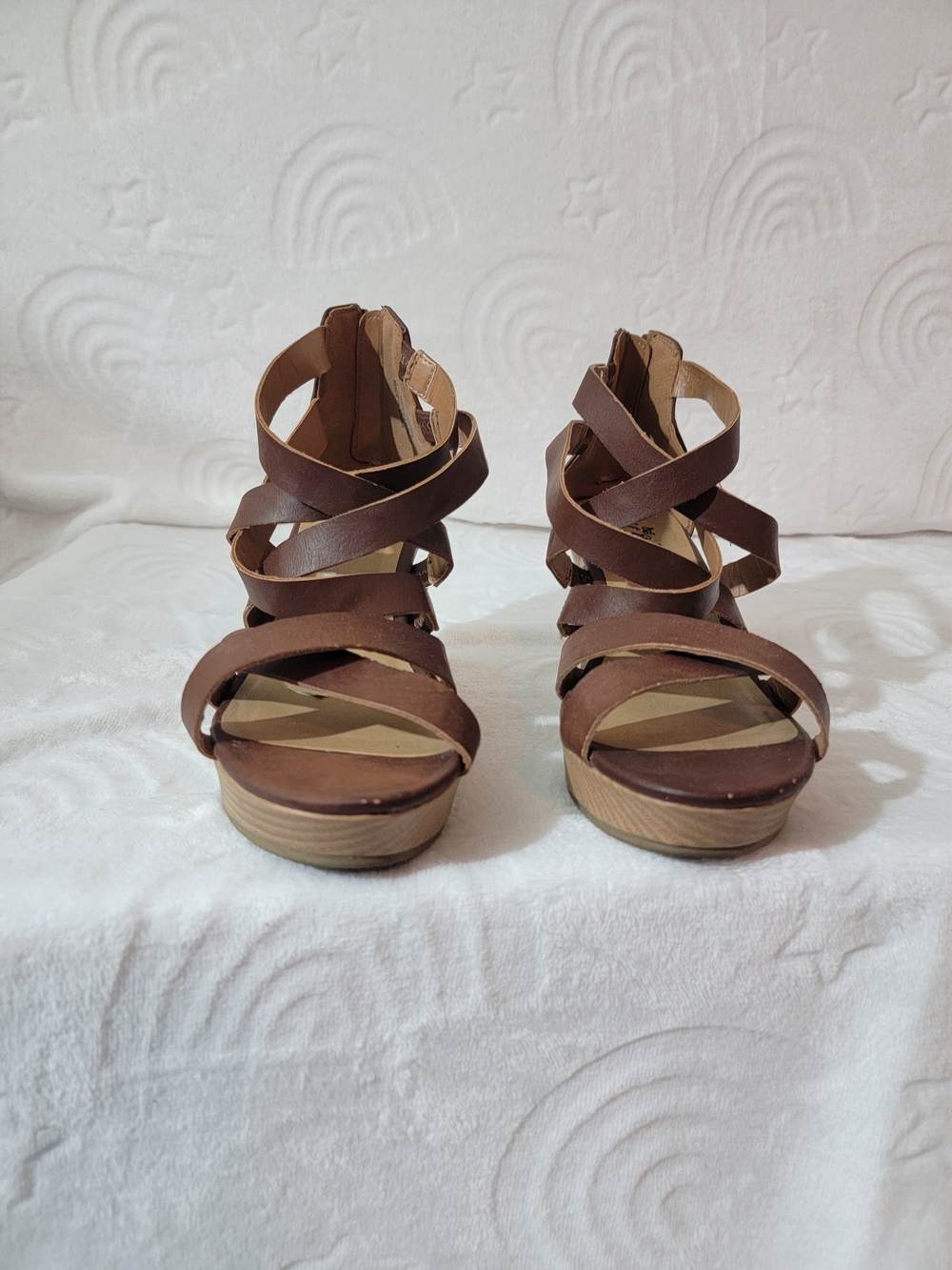 Self Esteem Brown Strappy Wedge Sandals